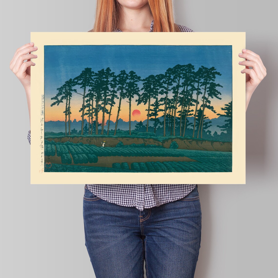 Kawase Hasui Sunset Pine Forest Red Sun Field Vintage Woodblock Art Poster - Image 2