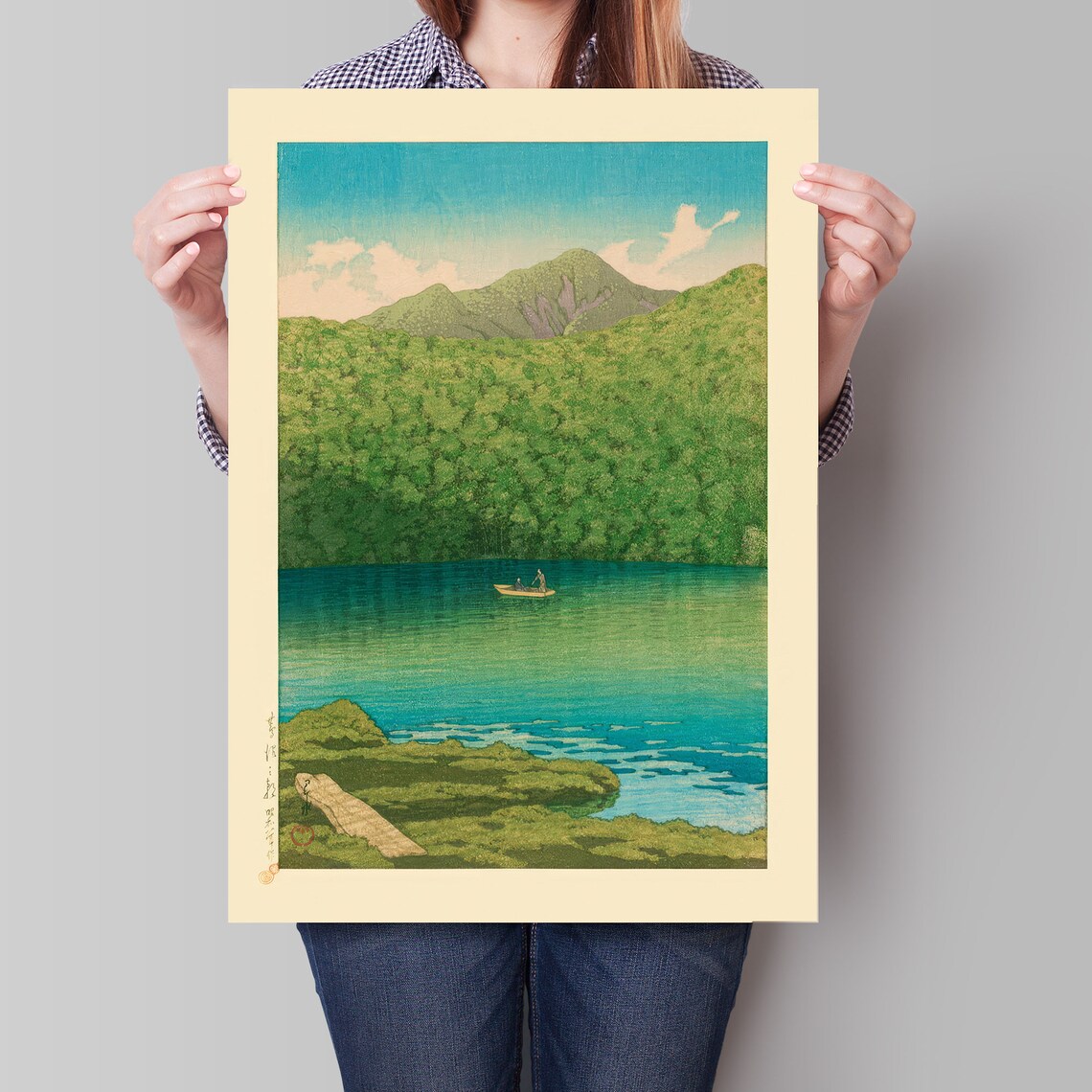 Japanese Green Mountain Lake Boat Woodblock Style Calm Poster - Image 4