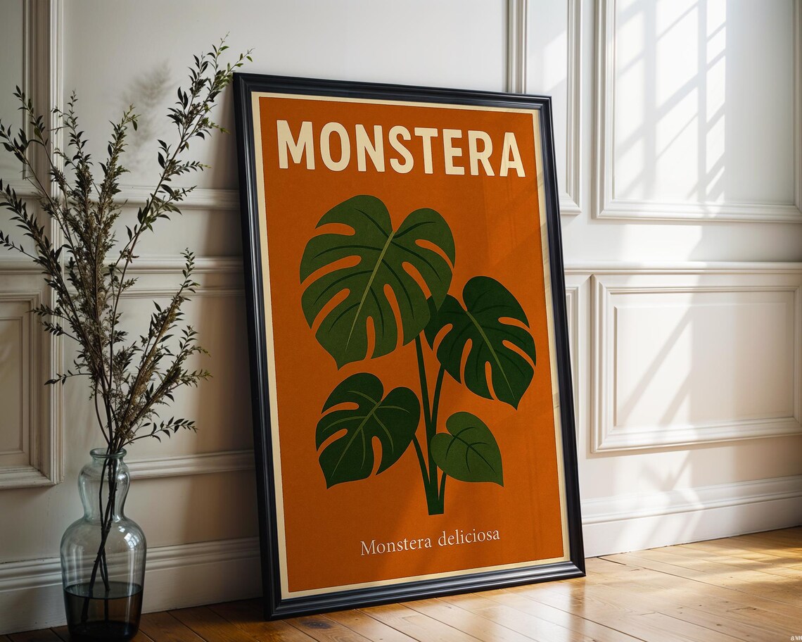 Retro Monstera Art Print, Botanical Wall Art