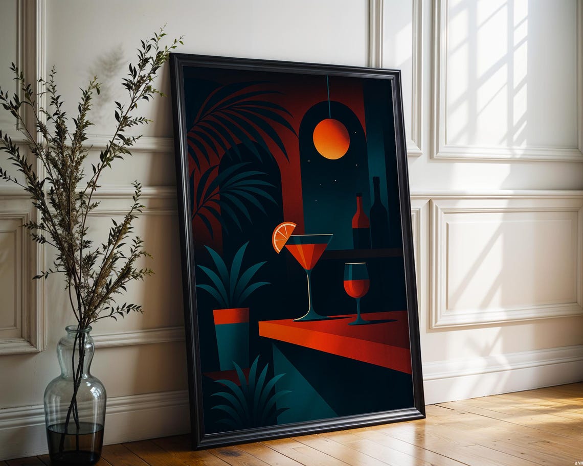 Retro Cocktail Lounge Dark Moody Martini Bar Night Scene Art Poster