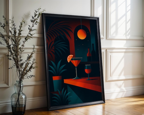 Retro Cocktail Lounge Dark Moody Martini Bar Night Scene Art Poster