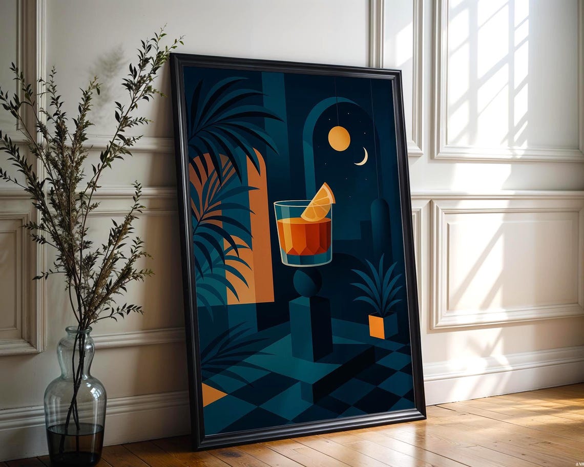 Midcentury Modern Night Cocktail Bar Moody Orange Glass Art Poster