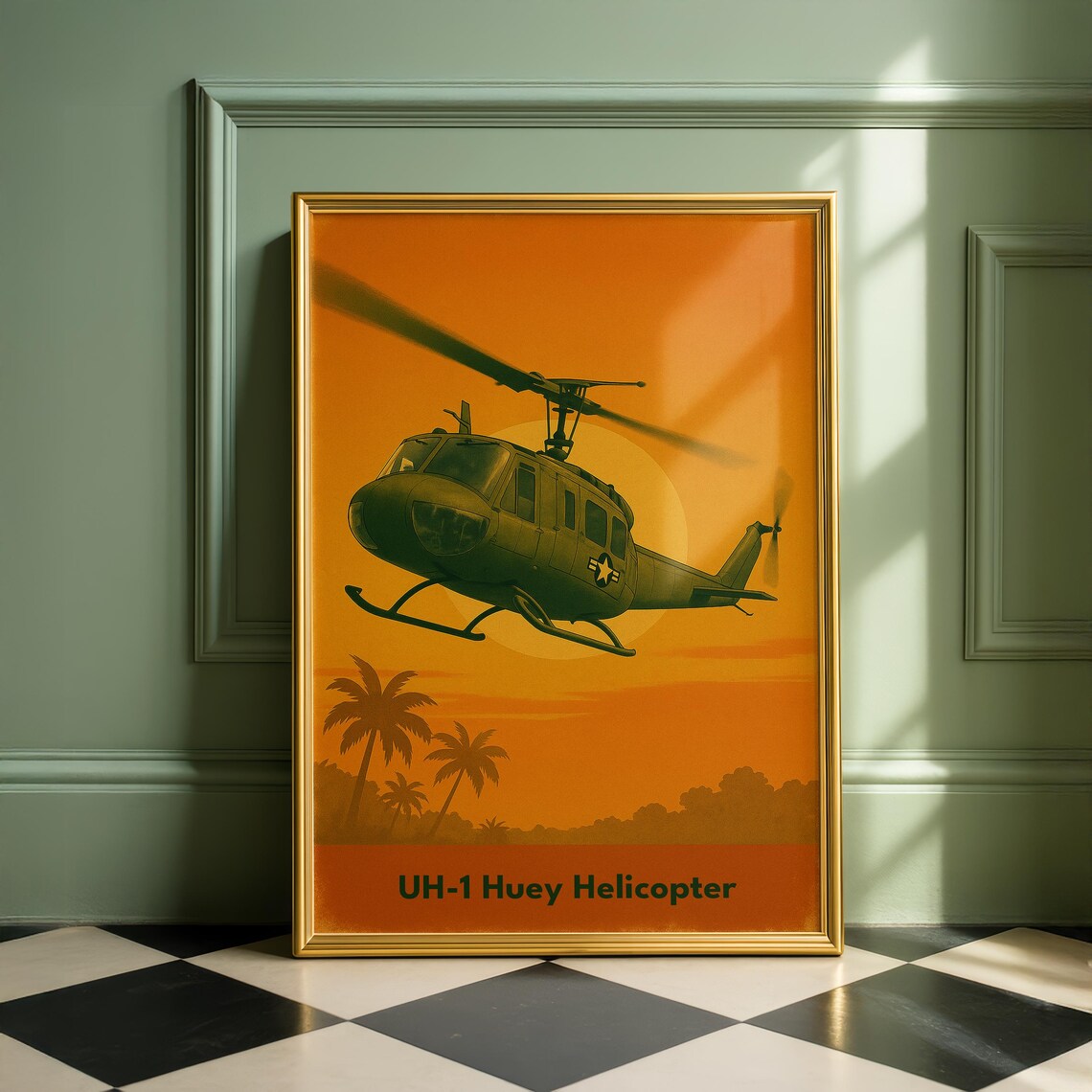 UH-1 Huey Helicopter Sunset Silhouette Vintage Aviation Poster