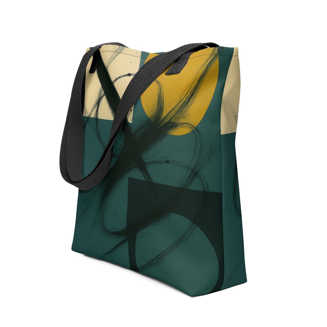 Teal Gold Geometric Abstract Design Tote Bag Print Black Straps