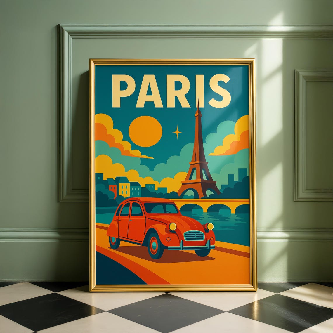Paris France Retro Travel Poster Eiffel Tower Red Vintage Car Art