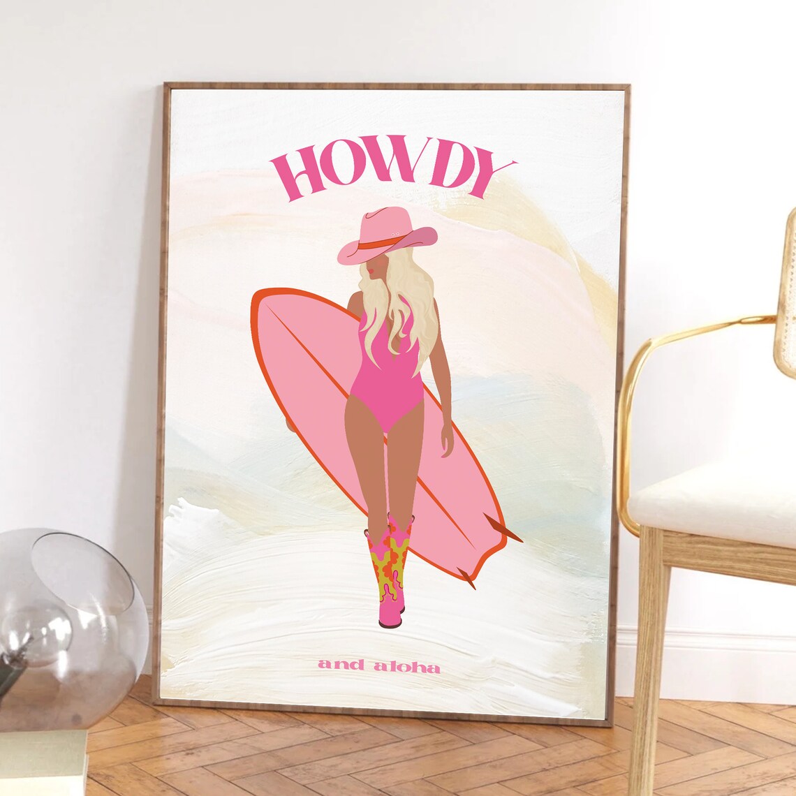 Howdy And Aloha Pink Coastal Cowgirl Surfboard Preppy Wall Art