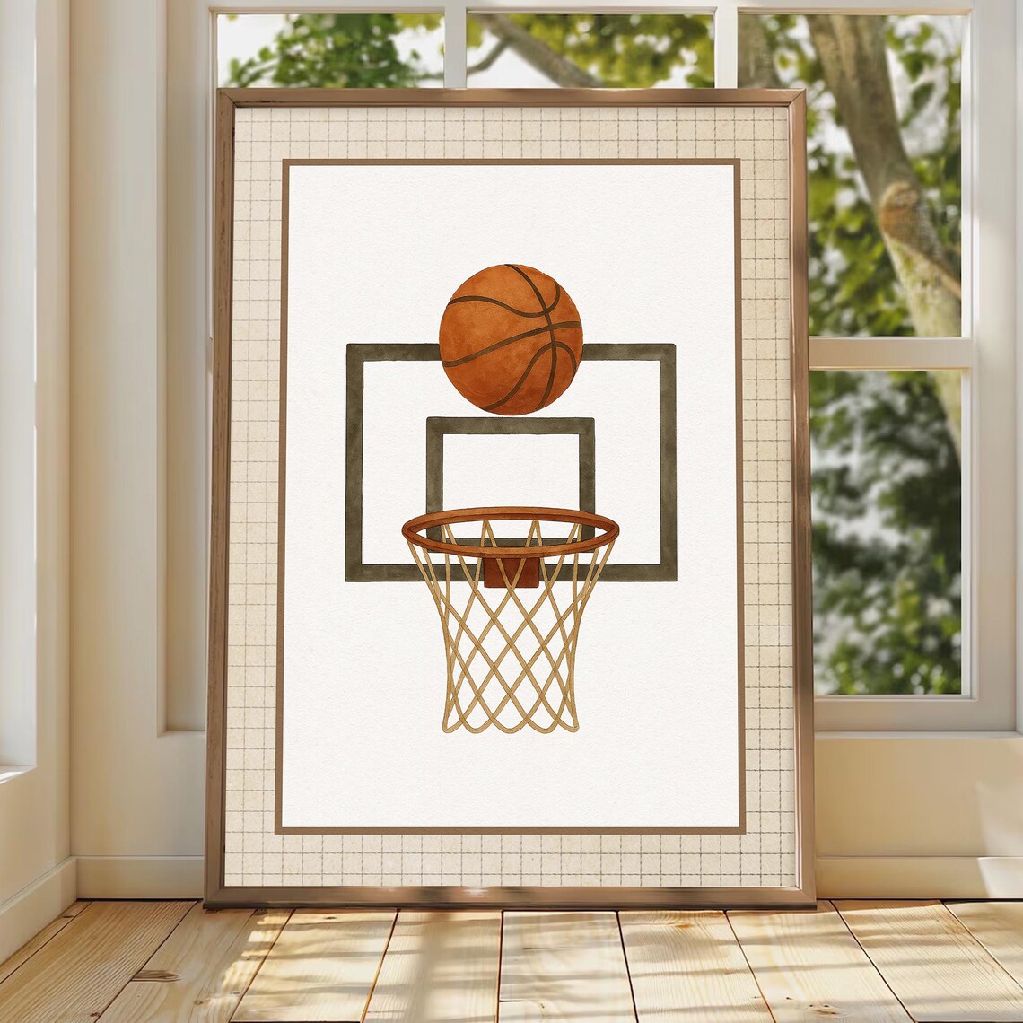 Basketball Going Through Hoop Watercolor Kids Sports Room Poster