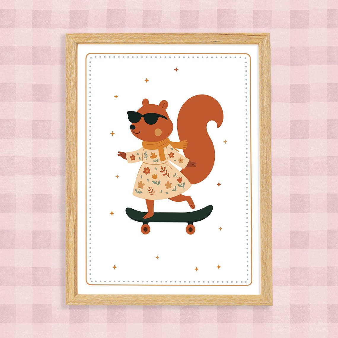 Skating Squirrel Nursery Print Whimsical Boho Baby Room Decor