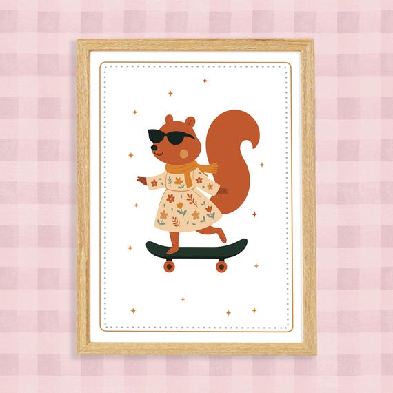 Skating Squirrel Nursery Print Whimsical Boho Baby Room Decor