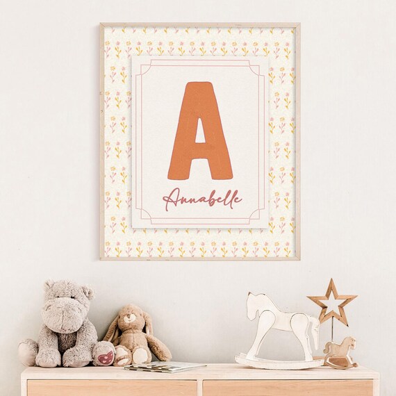 Letter A Annabelle Terracotta Embroidery Nursery Name Art Poster