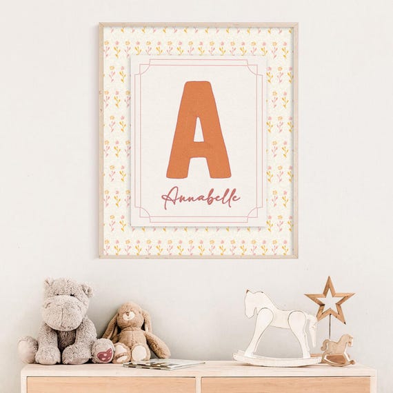 Monogram Wall Decor Custom Nursery Art Embroidery Effect Name Print Personalized Initial