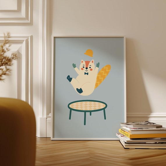 Happy Beaver Bouncing on a Trampoline with Hat Kids Room Poster