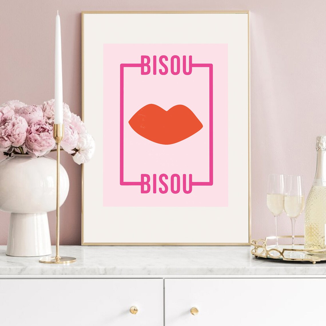 Bisou Pink Orange Bathroom Art Print, Preppy Decor