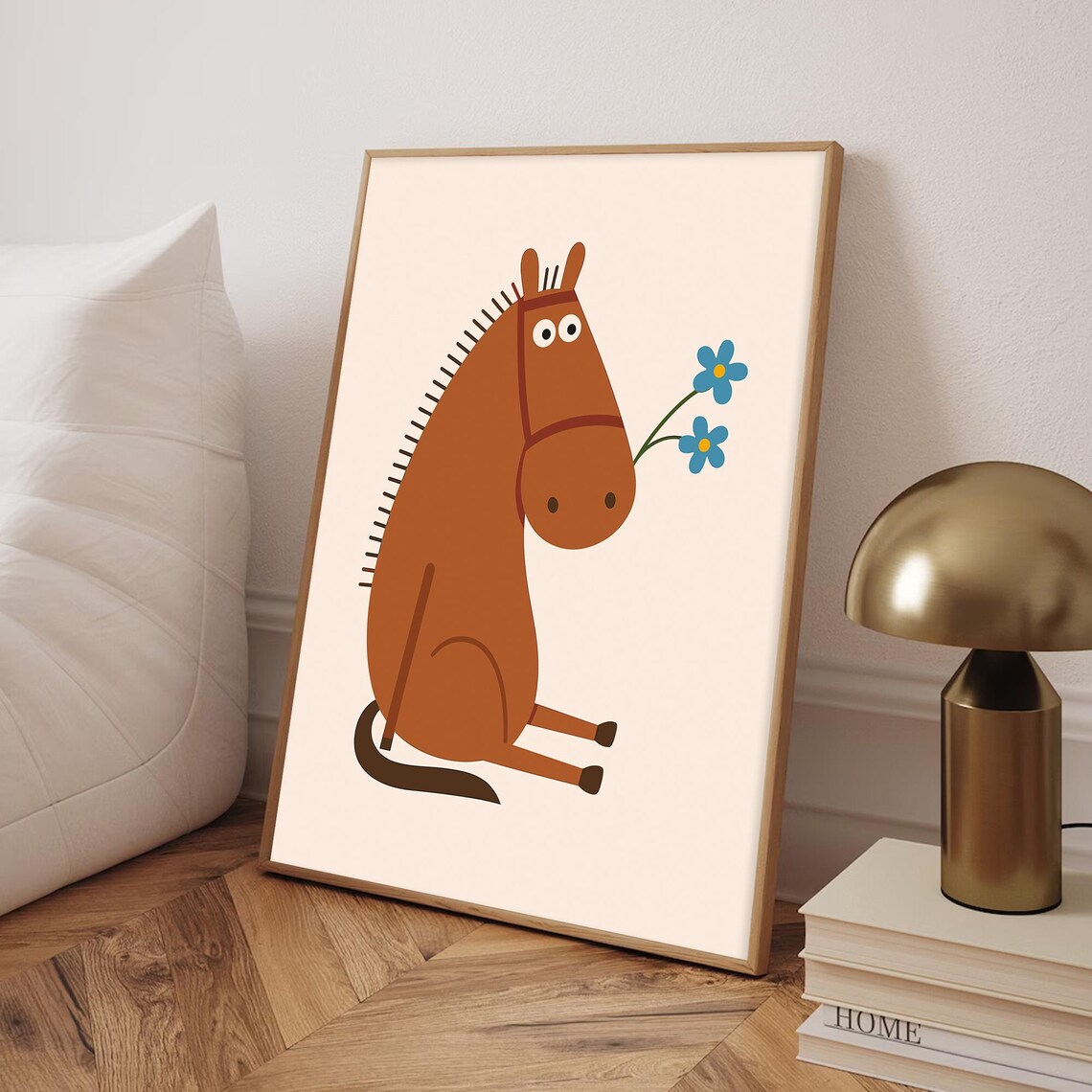 Adorable Sitting Brown Horse with Blue Flowers Kids Room Poster