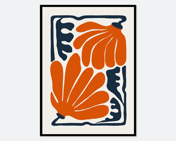 Abstract Orange Navy Botanical Fan Leaf Modern Graphic Art Poster