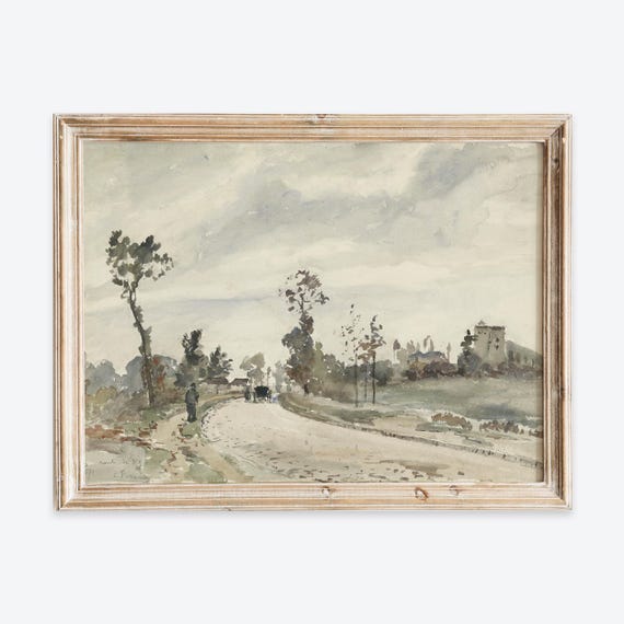 Rustic Vintage French Countryside Village Painting Wall Art Print Neutral Muted Landscape Poster Antique Moody Farmhouse Decor Vp230