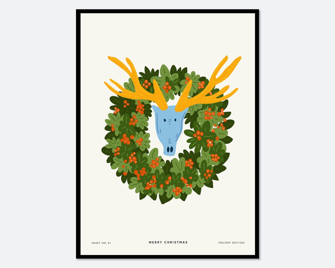 Merry Christmas Reindeer Wreath Berry Modern Holiday Art Poster