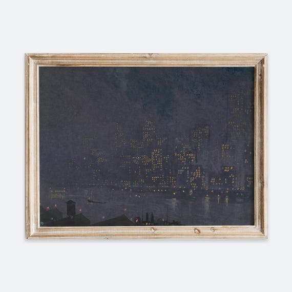 Vintage Rustic City Skyscaper Night Skyline Muted Watercolor Painting Wall Art Print Landscape Poster Mute Antique Moody Farmhouse Vp166