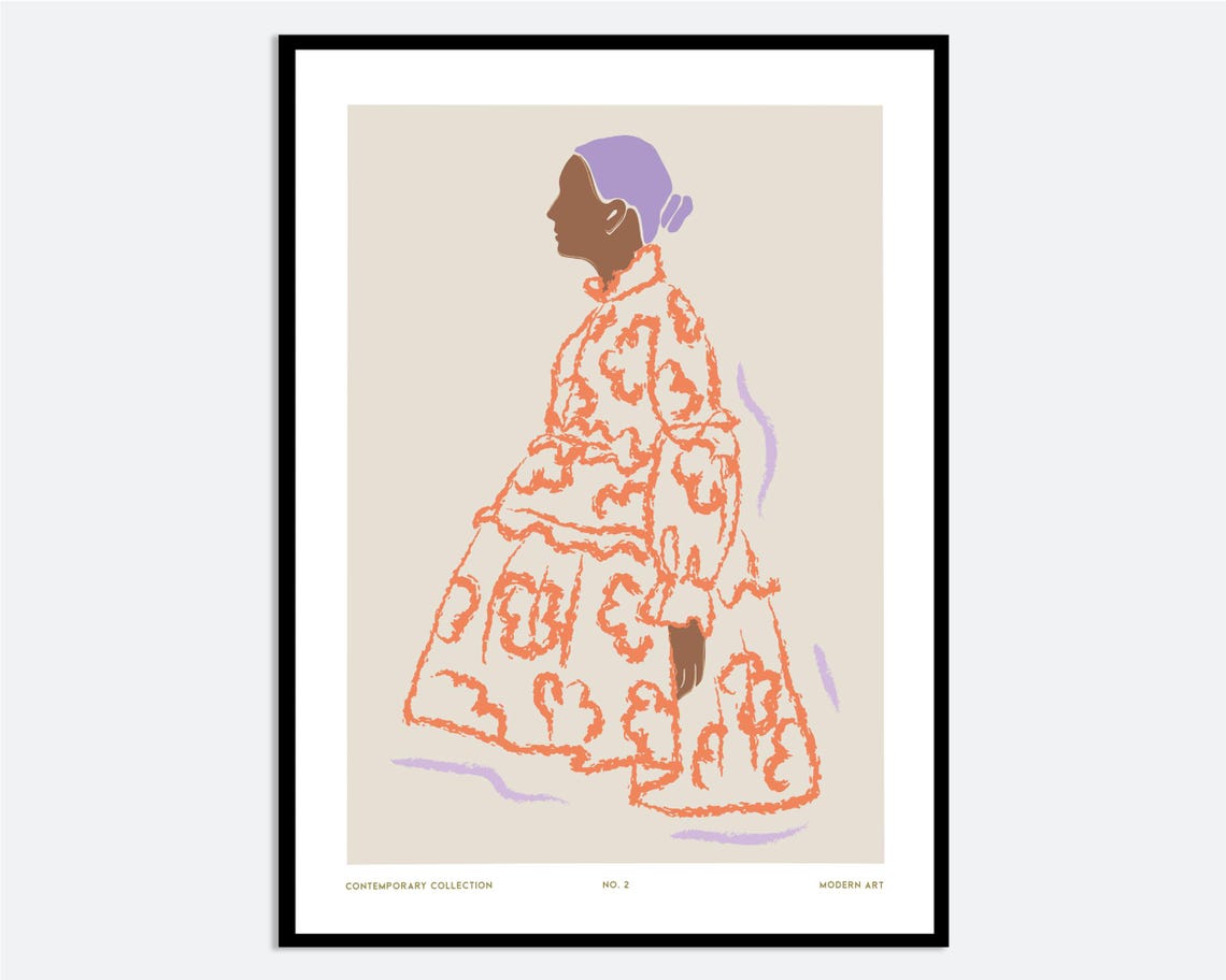 Woman In Orange Floral Dress Wall Art Print Hand Drawn Contemporary Fashion Illustration Modern Girl Bold Abstract Poster Ma137