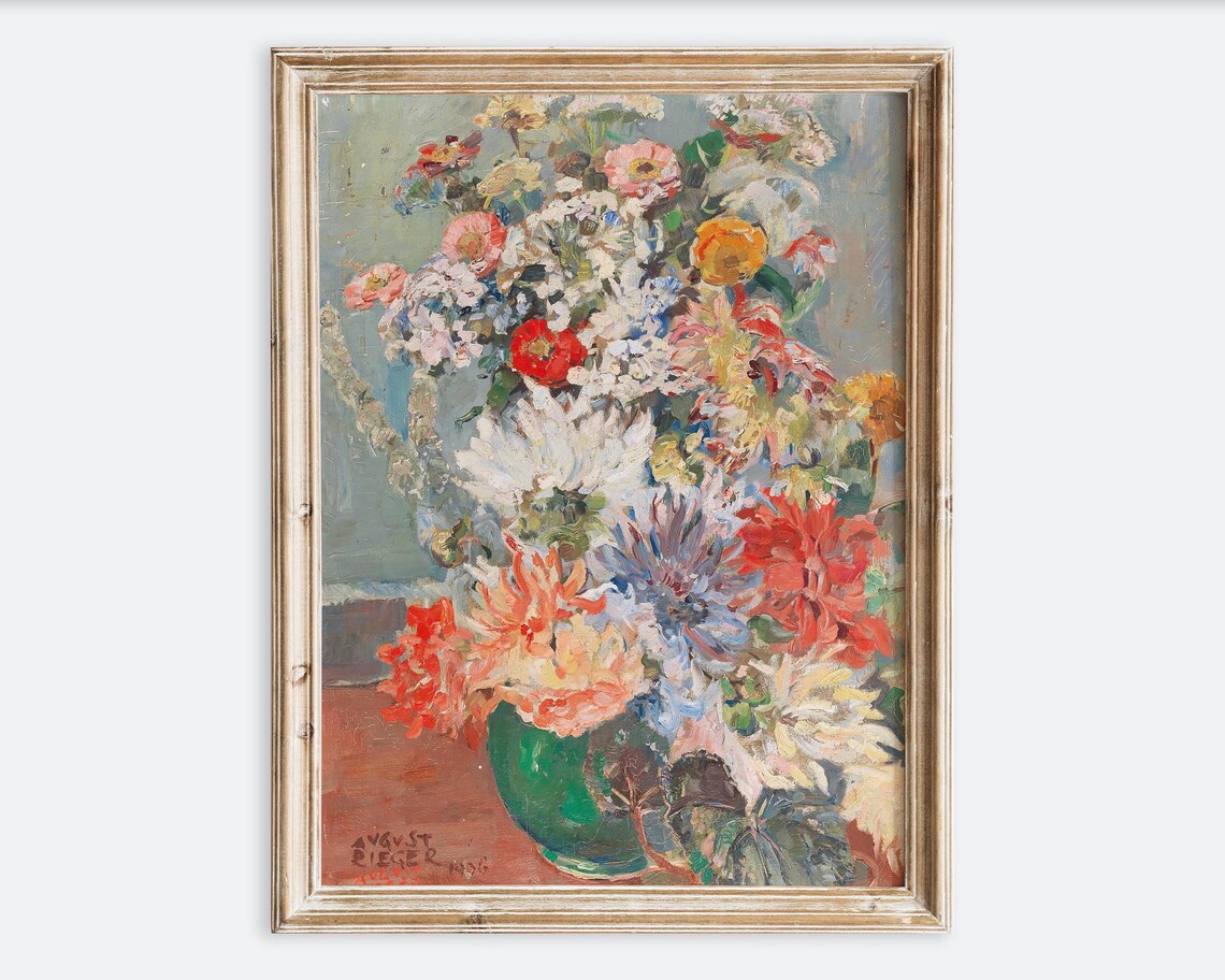 August Rieger Colorful Bouquet Green Vase Oil Painting Art Poster