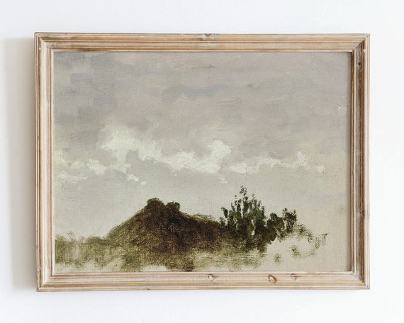 Rustic Vintage European Country Green Mountain Oil Painting Wall Art Print Neutral Landscape Poster Antique Moody Farmhouse Decor Vp29