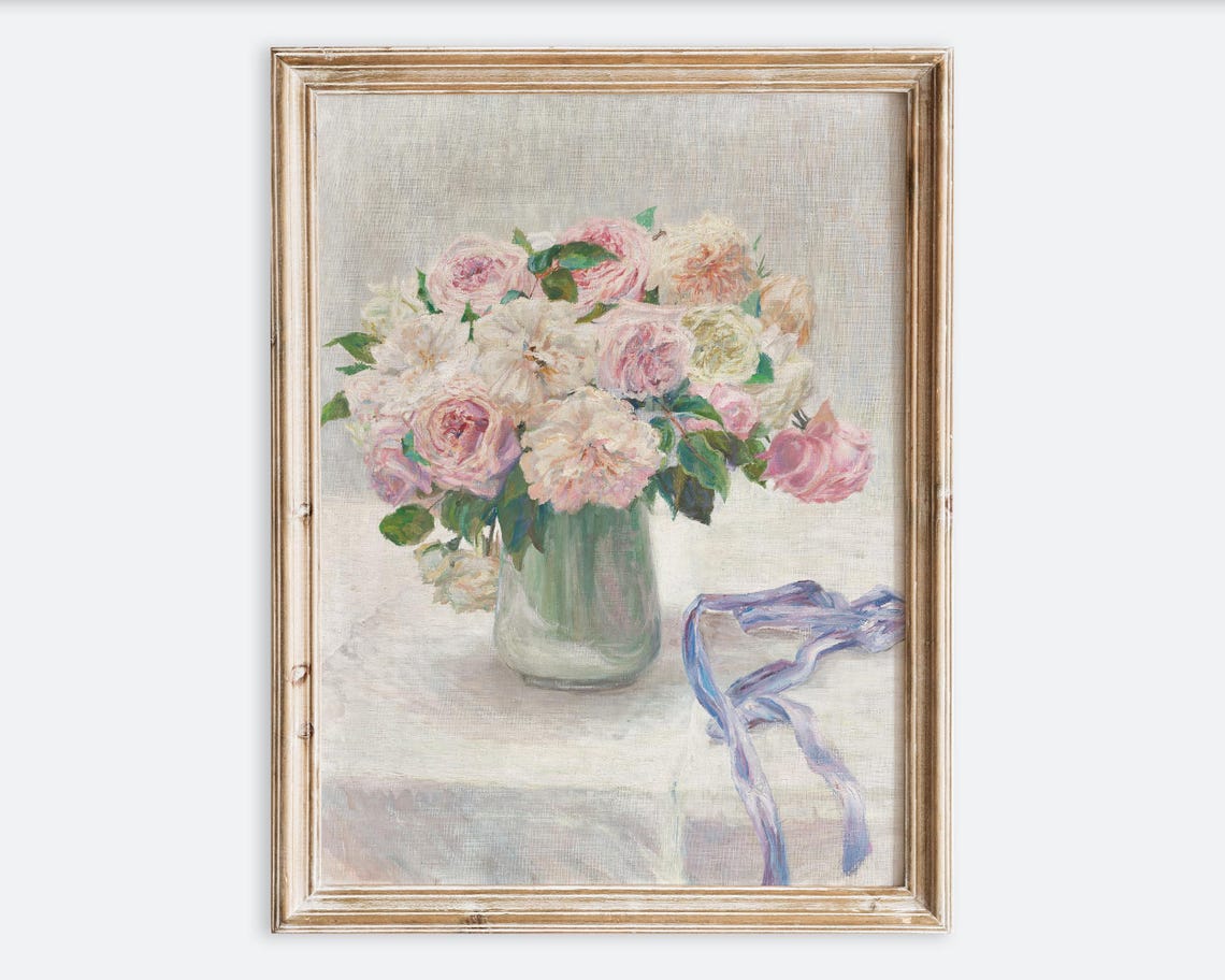 European Vintage Pink Rose Flowers In Vase Still Life Wall Art Print Rustic Pastel Oil Painting Antique Moody Floral Farmhouse Poster Vp288