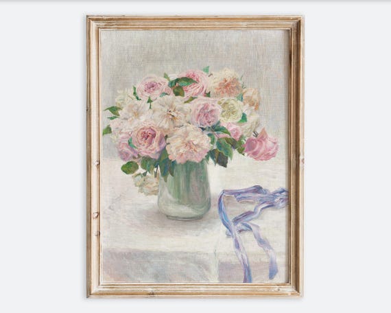 European Vintage Pink Rose Flowers In Vase Still Life Wall Art Print Rustic Pastel Oil Painting Antique Moody Floral Farmhouse Poster Vp288