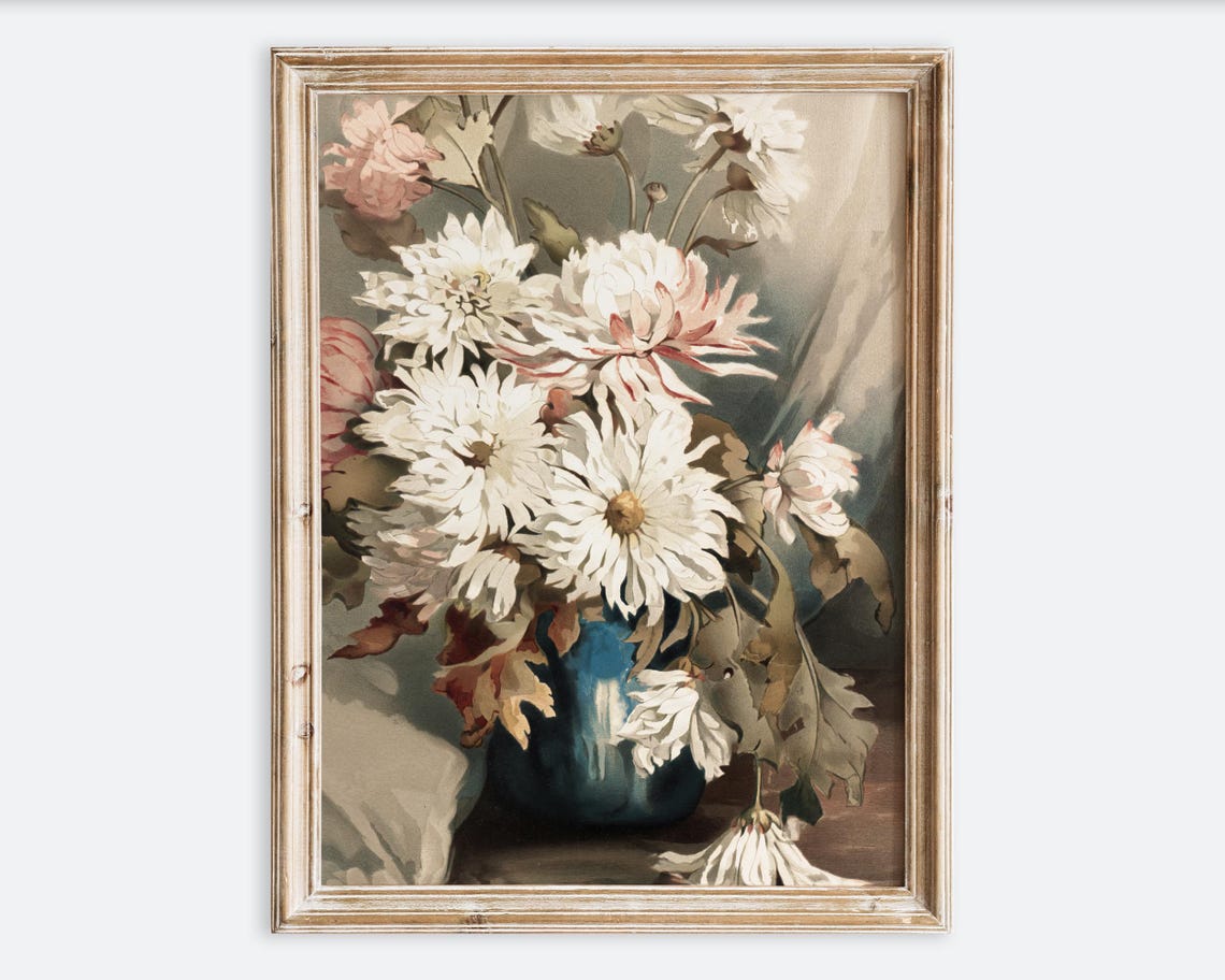 European Vintage Chrysanthemum Flowers In Vase Still Life Floral Wall Art Print Rustic Antique Oil Painting Neutral Farmhouse Poster Vp211