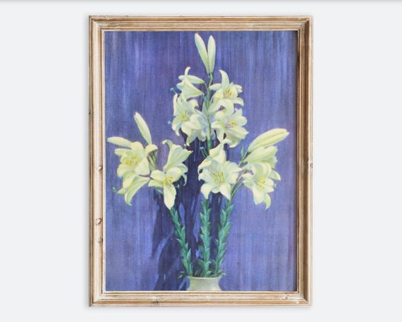 Vintage Madonna Lily Still Life Wall Art Print Antique Floral Vase Painting Rustic Botanical Flower Poster Colorful Decor Vp317
