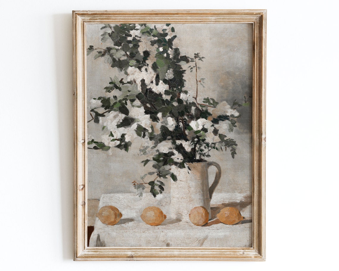 European Vintage Flowers Vase Lemons Still Life Art Print Rustic Moody Oil Painting Neutral Poster Antique Country Farmhouse Kitchen Vp28