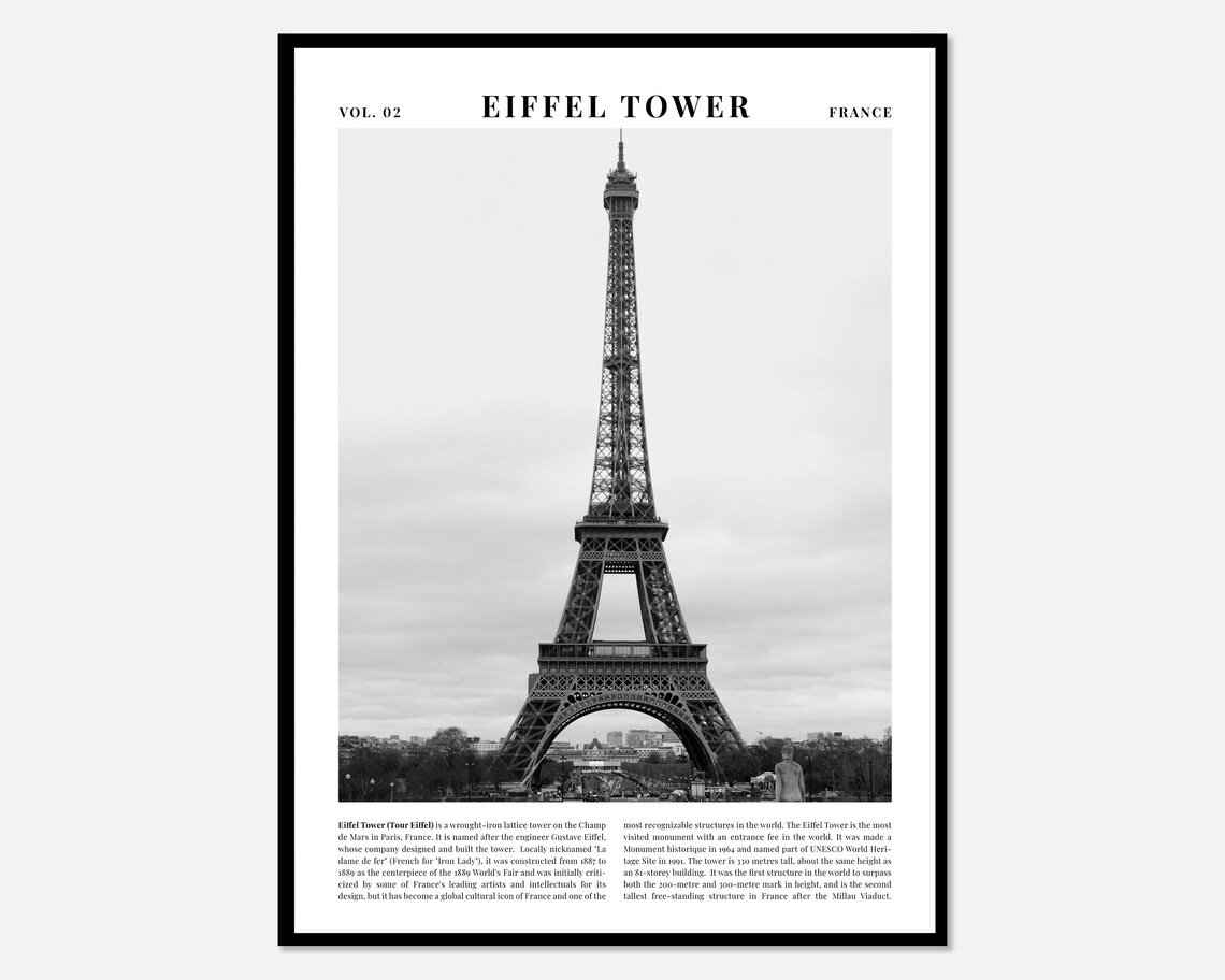 Eiffel Tower Paris Black and White Iconic Landmark Travel Poster