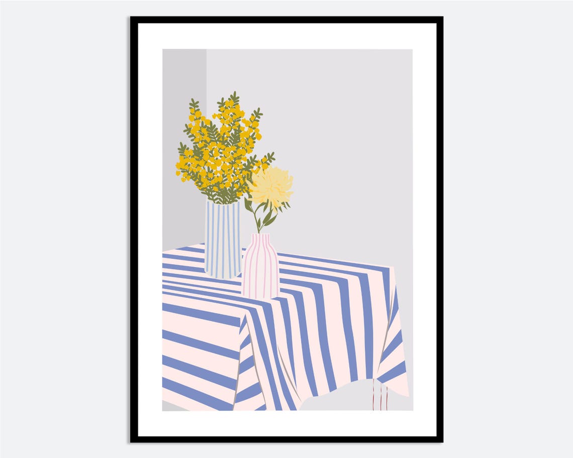 Yellow Mimosa Blossom Striped Vases Minimalist Art Table Poster