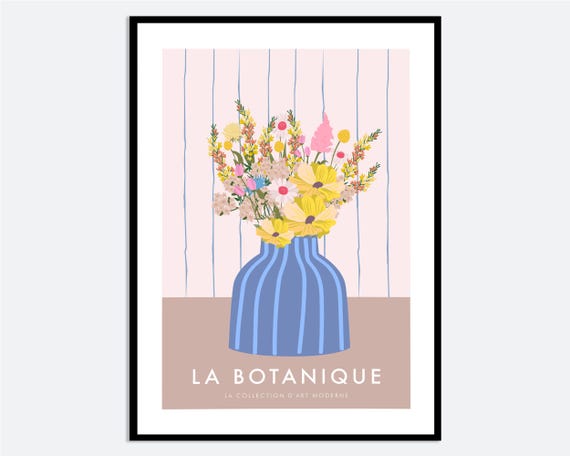 Striped Vases With Yellow Flowers Wall Art Print Hand Drawn Spring Summer Illustration Contemporary Modern Floral Poster Ma66