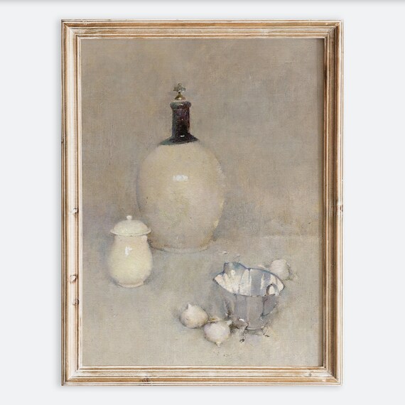 Muted White Ceramic Jug Still Life Vintage Rustic Neutral Kitchen Art Poster