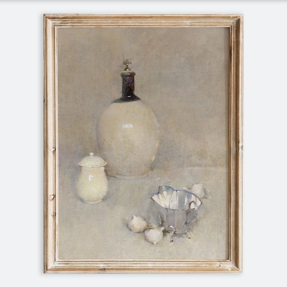 Vintage Farmhouse Pottery Still Life Kitchen Wall Art Print Rustic Beige Moody Oil Painting Antique Neutral Poster Vp147