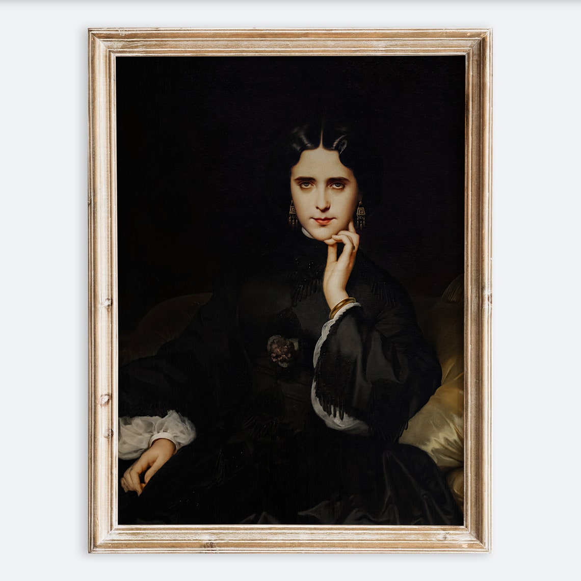 European Vintage Rustic Madame De Loynes Portrait Painting Wall Art Print Antique Sitting Woman Poster Moody Dark Neutral Farmhouse Vp138