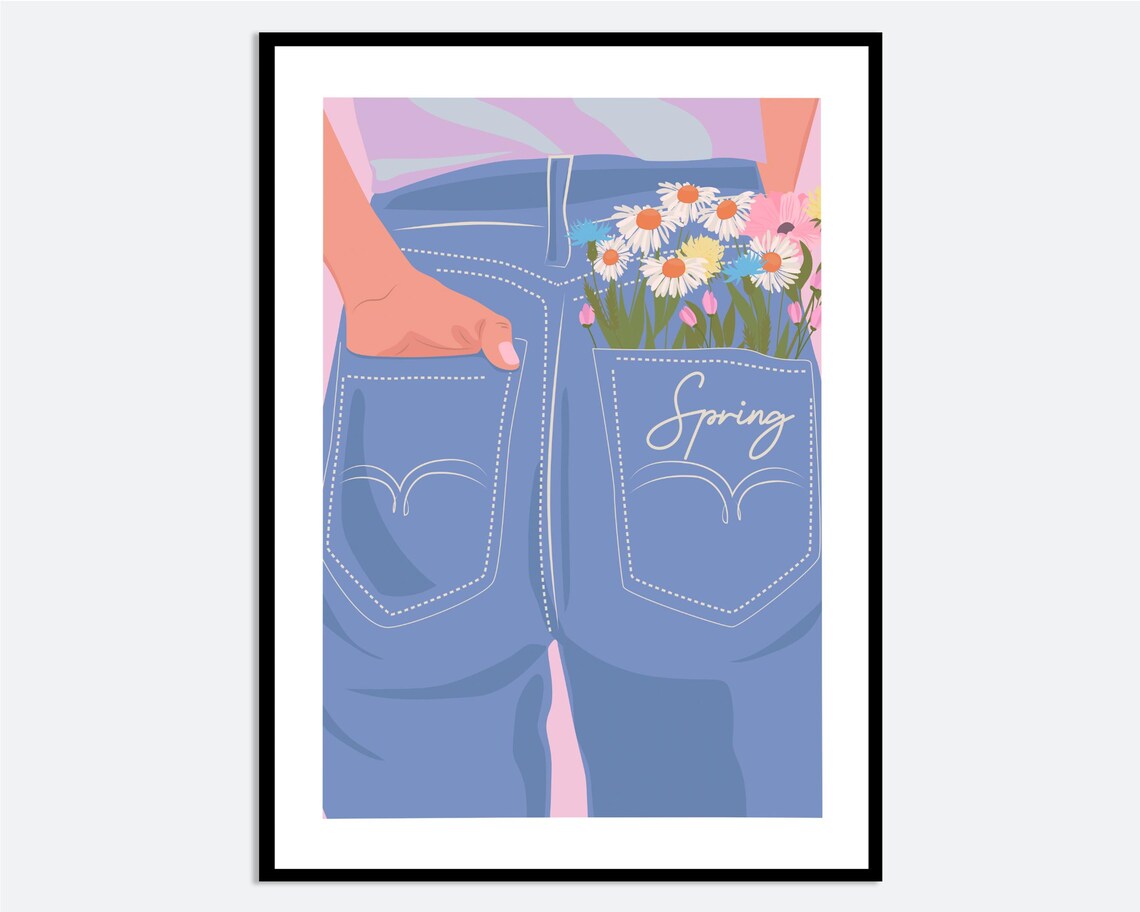 Spring Flowers In Denim Pocket Girl Jeans Illustration Print
