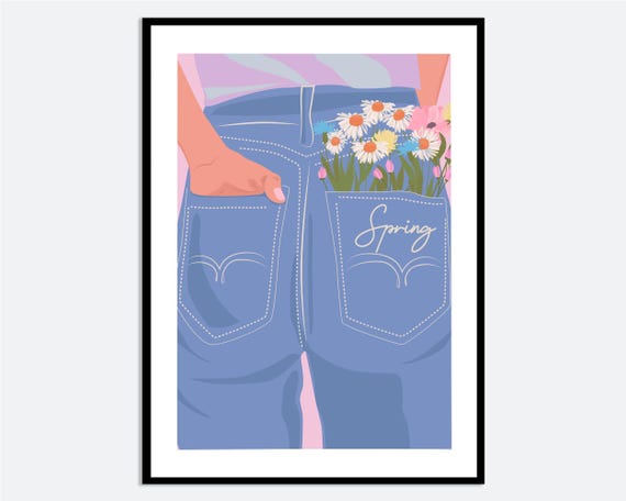 Girl In Jeans With Flowers Wall Art Print Hand Drawn Spring Summer Illustration Contemporary Modern Woman Poster Decor Ma60