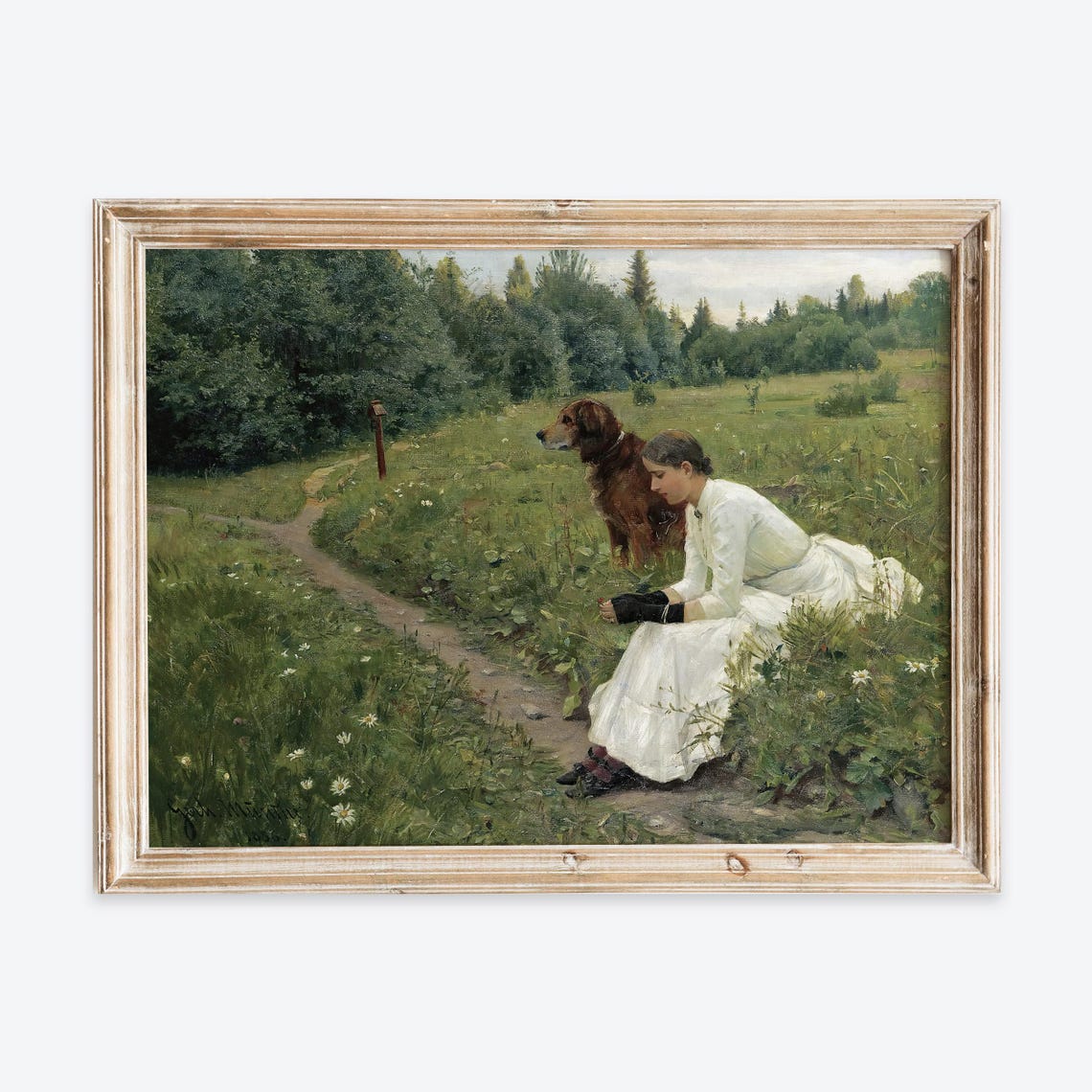 Vintage Rustic Girl With Her Dog Portrait Painting Wall Art Print Antique Woman Outdoors Poster Moody Nature Farmhouse Vp348