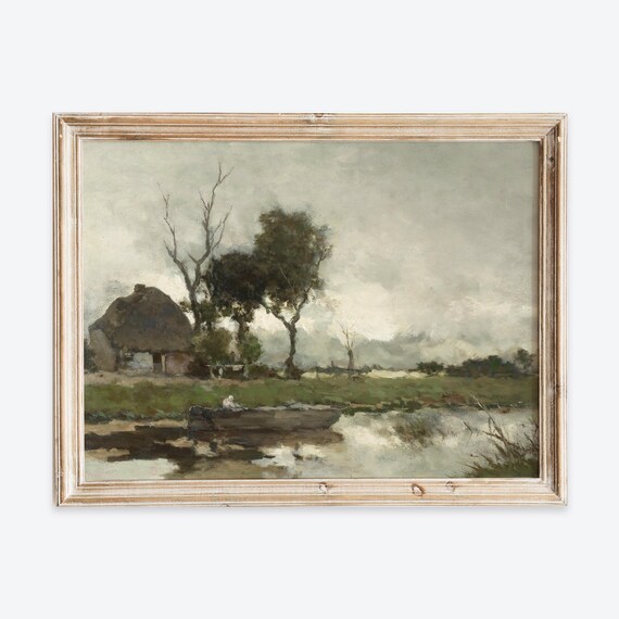 Autumn River Cottage and Rowboat Misty Morning Vintage Oil Poster