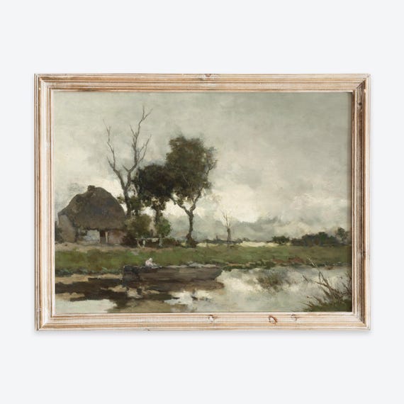 Rustic Vintage Autumn River Nature Landscape Oil Painting Wall Art Print Neutral Toned Poster Antique Farmhouse Dark Moody Decor Vp247
