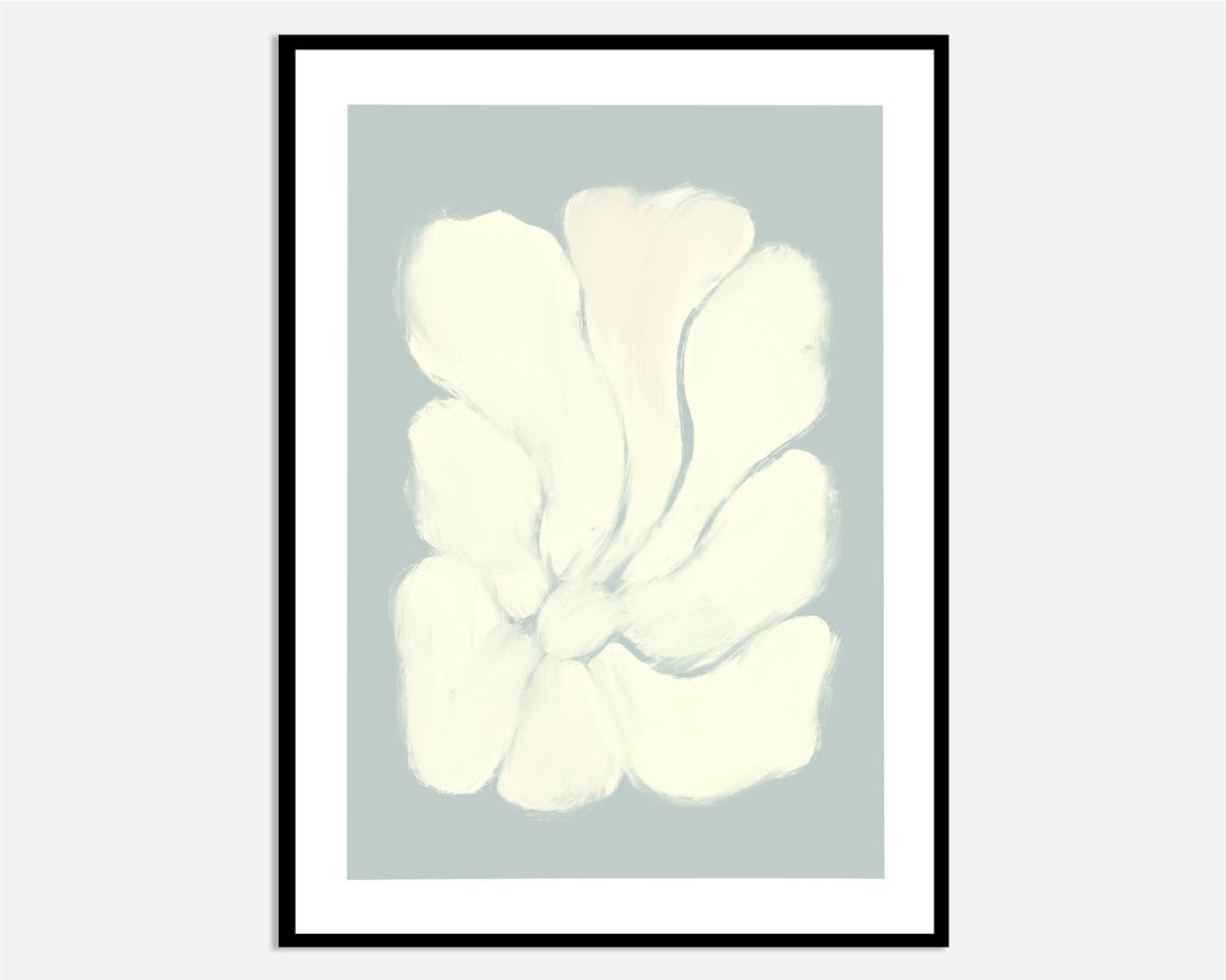 Soft White Abstract Flower Sage Blue Minimalist Modern Wall Art