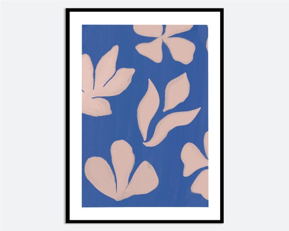 Abstract Botanical Blue Wall Art Print Contemporary Hand Drawn Leaf Illustration Pink Graphic Modern Spring Summer Poster Ma48