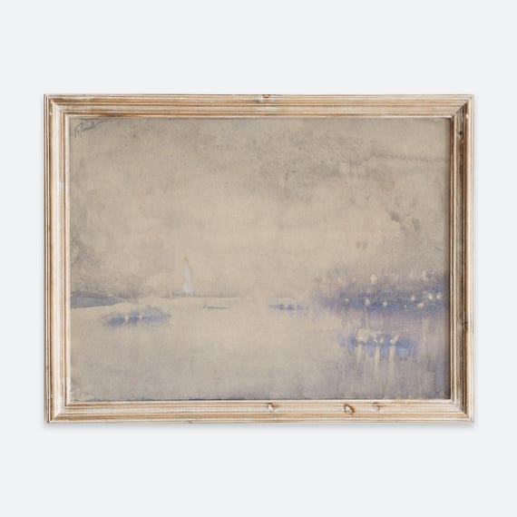 Vintage Rustic Morning Sunrise Harbour Muted Watercolor Painting Wall Art Print Cityscape Landscape Poster Antique Moody Farmhouse Vp167
