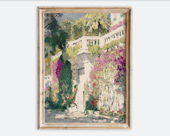 Vintage Rustic Villa Door With Pink Flowers And Plants Painting Wall Art Print Neutral House Poster Antique Moody Farmhouse Decor Vp330