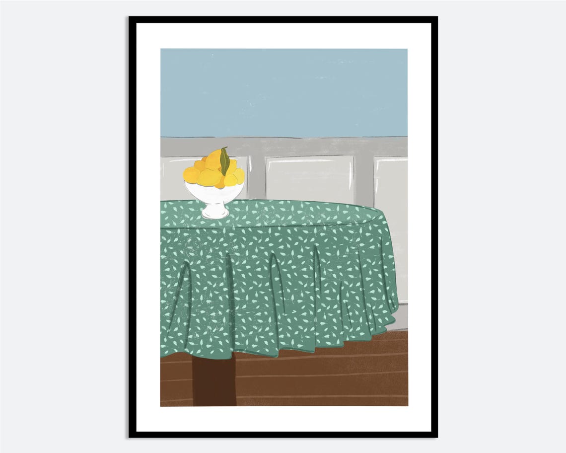 Lemons Bowl Green Patterned Tablecloth Still Life Kitchen Art Print