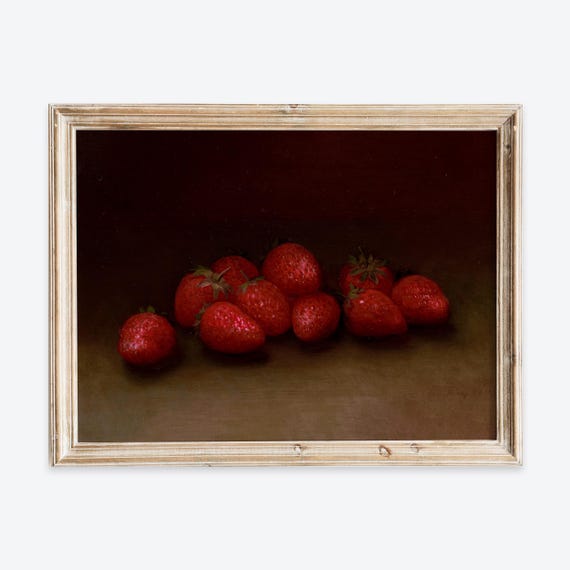 Vintage Strawberries Still Life Wall Art Print Rustic Dark Moody Oil Painting Fruits Poster Antique Country Farmhouse Kitchen Decor Vp412