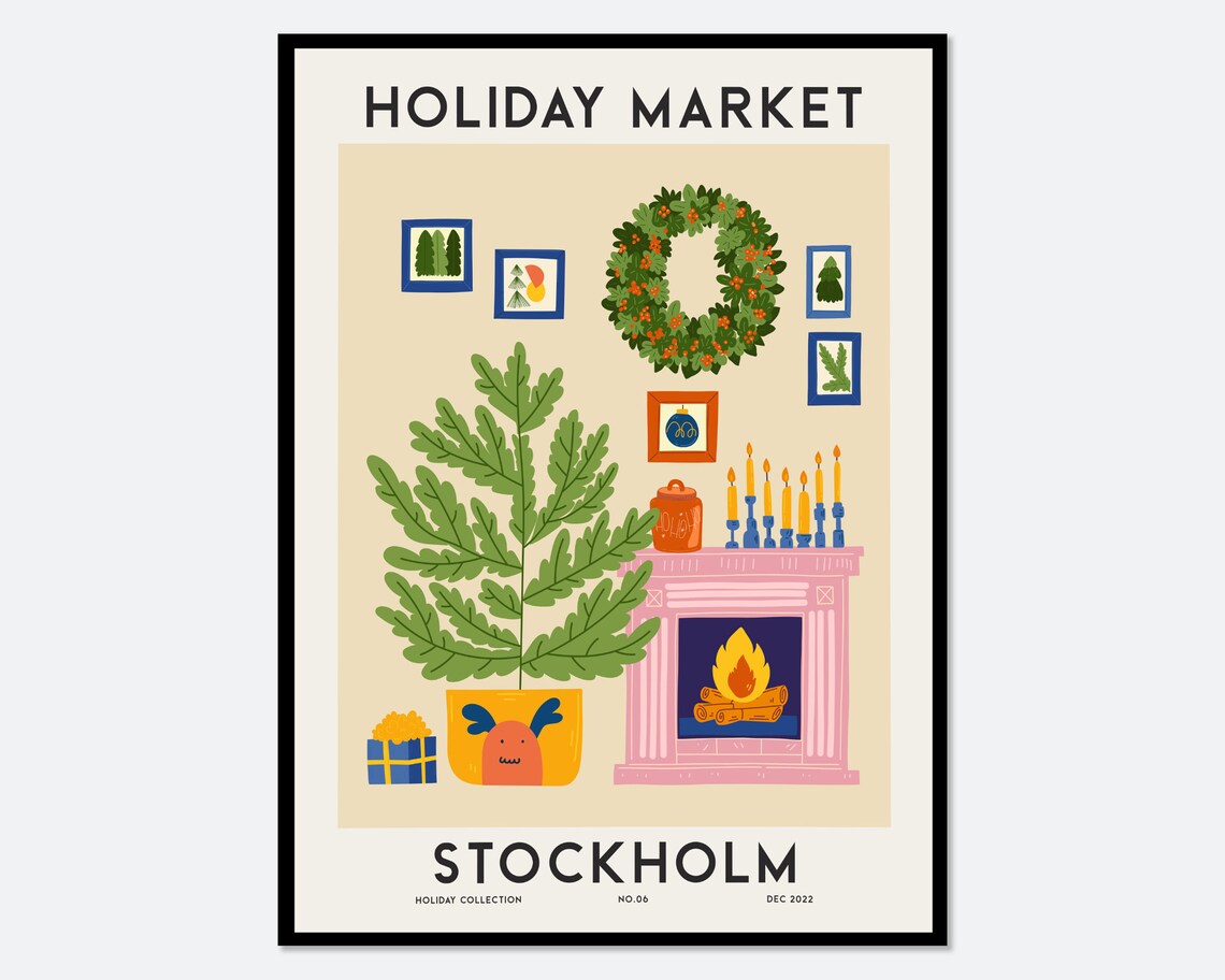 Holiday Market Stockholm Pink Fireplace Christmas Collection Poster