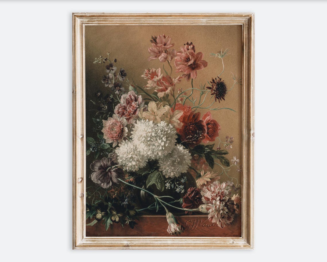 European Vintage Flower Bouquet In Vase Still Life Wall Art Print Rustic Dark Floral Oil Painting Antique Moody Farmhouse Poster Vp262