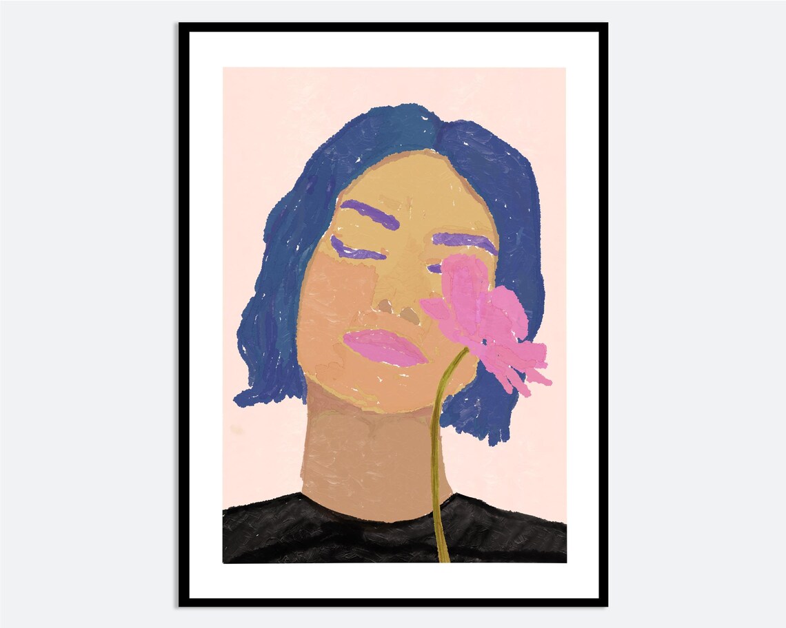 Modern Woman with Pink Flower Blue Hair Hand Drawn Fashion Poster